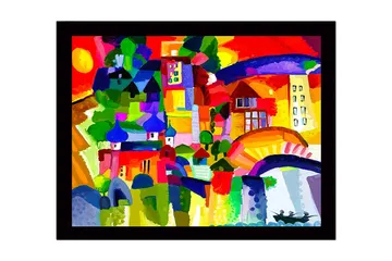 Inramad Canvastavla i trä - 41x56 cm - Färgglad stadssilhuett med kupoler och byggnader - Röd / Grön / Blå - Inredning - Tavlor & posters - Canvastavla