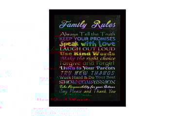 Inramad Canvastavla i trä - 41x56 cm - Färgglad tavla med familjeregler i olika typsnitt - Röd / Blå / Grön - Inredning - Tavlor & posters - Canvastavla