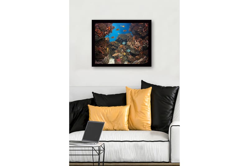 Inramad Canvastavla i trä - 41x56 cm - Färgglad undervattensscen med korallrev och simmande fiskar - Blå / Orange / Grön - Inredning - Tavlor & posters - Canvastavla