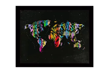 Inramad Canvastavla i trä - 41x56 cm - Färgglad världskarta skapad av bokstäver och text - Lila / Grön / Röd - Inredning - Tavlor & posters - Canvastavla