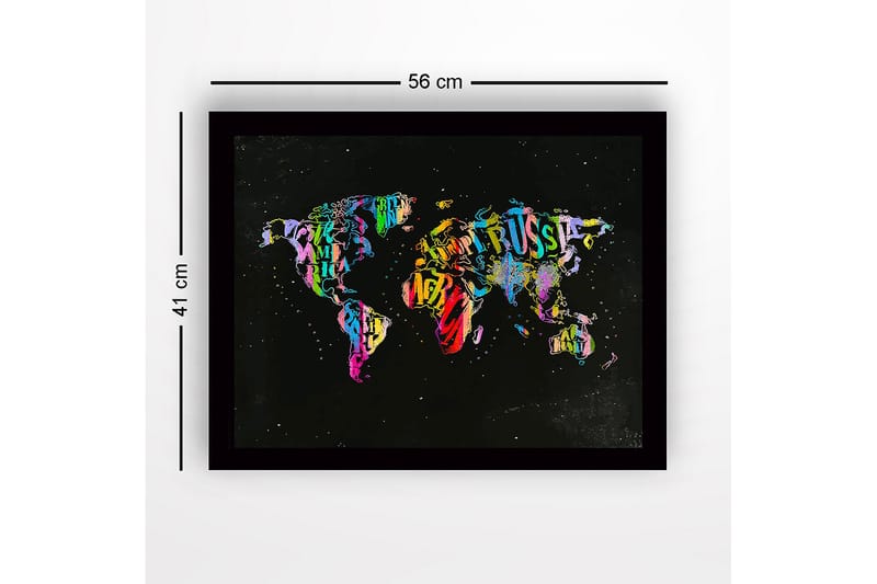 Inramad Canvastavla i trä - 41x56 cm - Färgglad världskarta skapad av bokstäver och text - Lila / Grön / Röd - Inredning - Tavlor & posters - Canvastavla