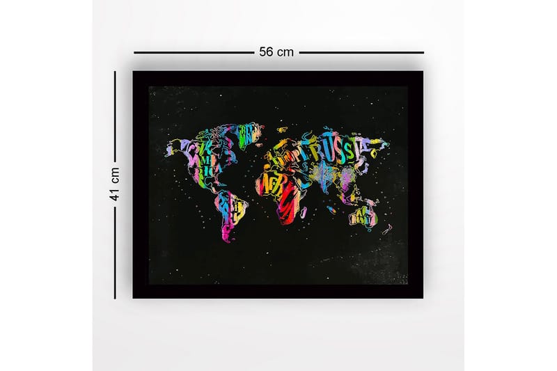Inramad Canvastavla i trä - 41x56 cm - Färgglad världskarta skapad av bokstäver och text - Lila / Grön / Röd - Inredning - Tavlor & posters - Canvastavla