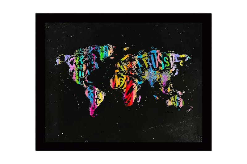 Inramad Canvastavla i trä - 41x56 cm - Färgglad världskarta skapad av bokstäver och text, Lila / Grön / Röd