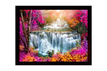 Inramad Canvastavla i trä - 41x56 cm - Färgglad vattenfall med omgivande blommor och träd i höstfärger - Rosa / Orange / Grön - Inredning - Tavlor & posters - Canvastavla