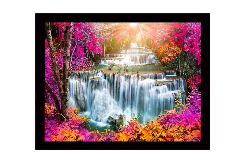 Inramad Canvastavla i trä - 41x56 cm - Färgglad vattenfall med omgivande blommor och träd i höstfärger - Rosa / Orange / Grön - Inredning - Tavlor & posters - Canvastavla