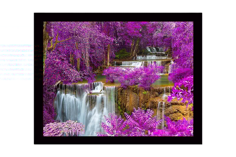 Inramad Canvastavla i trä - 41x56 cm - Färgglad vattenfall omgiven av lila blommor och grönska, Lila / Grön / Blå