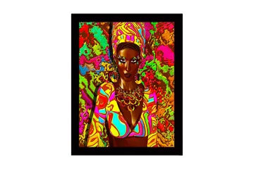 Inramad Canvastavla i trä - 41x56 cm - Färgglad porträtt av en kvinna med traditionella smycken och kläder - Rosa / Grön / Orange - Inredning - Tavlor & posters - Canvastavla