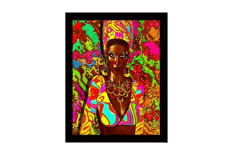 Inramad Canvastavla i trä - 41x56 cm - Färgglad porträtt av en kvinna med traditionella smycken och kläder, Rosa / Grön / Orange