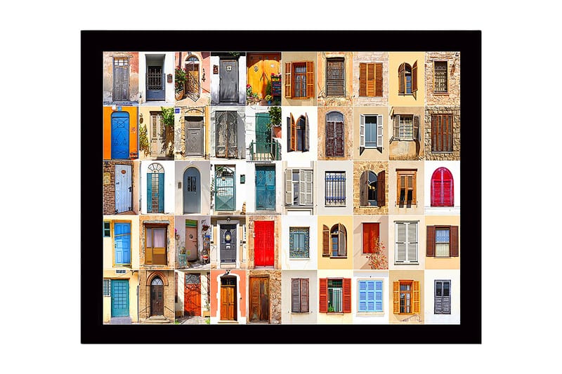 Inramad Canvastavla i trä - 41x56 cm - Färgglada dörrar och fönster i en mosaik av olika stilar, Blå / Röd / Beige