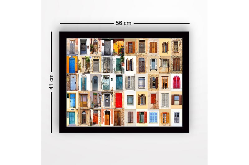 Inramad Canvastavla i trä - 41x56 cm - Färgglada dörrar och fönster i en mosaik av olika stilar - Blå / Röd / Beige - Inredning - Tavlor & posters - Canvastavla