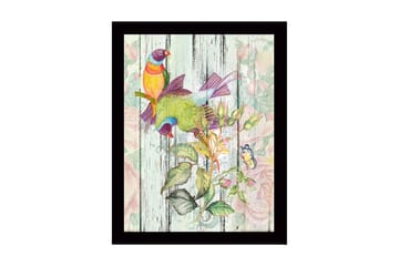 Inramad Canvastavla i trä - 41x56 cm - Färgglada fåglar i en botanisk komposition - Grön / Gul / Lila - Inredning - Tavlor & posters - Canvastavla