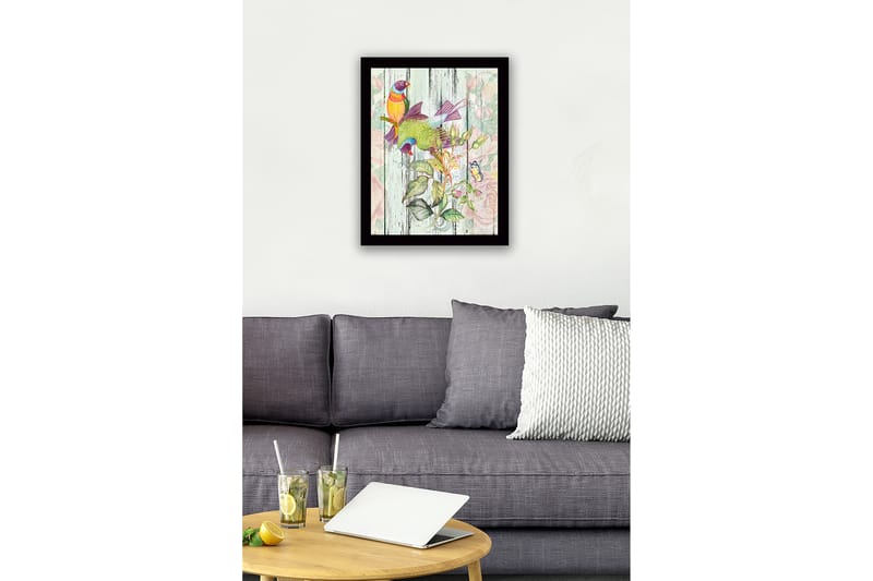 Inramad Canvastavla i trä - 41x56 cm - Färgglada fåglar i en botanisk komposition - Grön / Gul / Lila - Inredning - Tavlor & posters - Canvastavla