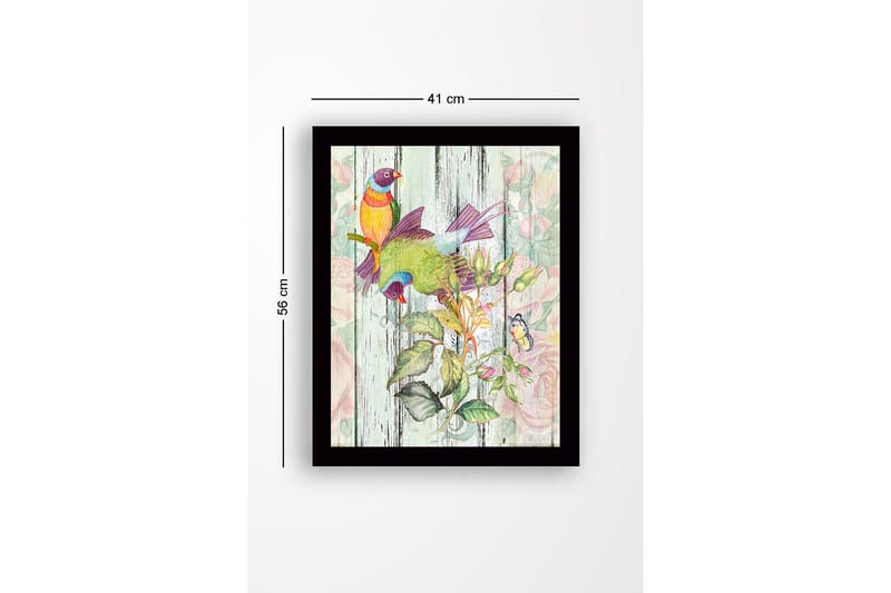 Inramad Canvastavla i trä - 41x56 cm - Färgglada fåglar i en botanisk komposition - Grön / Gul / Lila - Inredning - Tavlor & posters - Canvastavla