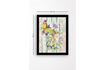 Inramad Canvastavla i trä - 41x56 cm - Färgglada fåglar i en botanisk komposition - Grön / Gul / Lila - Inredning - Tavlor & posters - Canvastavla