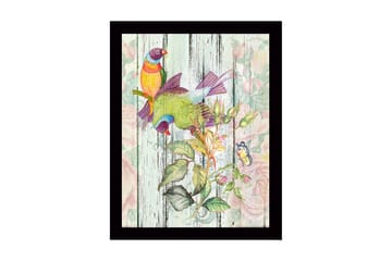 Inramad Canvastavla i trä - 41x56 cm - Färgglada fåglar i en botanisk komposition - Grön / Gul / Lila - Inredning - Tavlor & posters - Canvastavla
