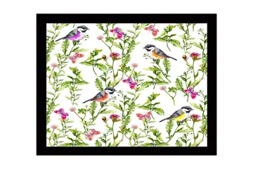 Inramad Canvastavla i trä - 41x56 cm - Färgglada fåglar omgivna av blommor och gröna växter - Grön / Rosa / Gul - Inredning - Tavlor & posters - Canvastavla