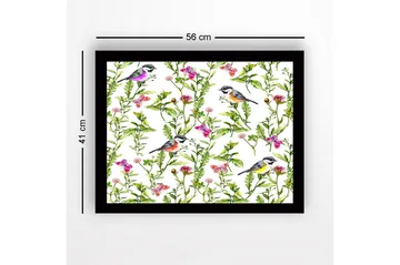 Inramad Canvastavla i trä - 41x56 cm - Färgglada fåglar omgivna av blommor och gröna växter - Grön / Rosa / Gul - Inredning - Tavlor & posters - Canvastavla