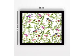 Inramad Canvastavla i trä - 41x56 cm - Färgglada fåglar omgivna av blommor och gröna växter - Grön / Rosa / Gul - Inredning - Tavlor & posters - Canvastavla
