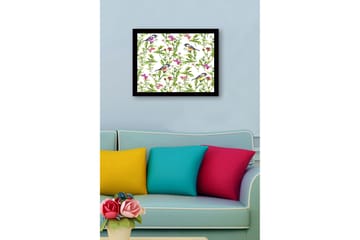 Inramad Canvastavla i trä - 41x56 cm - Färgglada fåglar omgivna av blommor och gröna växter - Grön / Rosa / Gul - Inredning - Tavlor & posters - Canvastavla