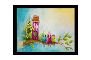 Inramad Canvastavla i trä - 41x56 cm - Färgglada fåglar på en gren med fågelholkar i bakgrunden - Grön / Rosa / Blå - Inredning - Tavlor & posters - Canvastavla