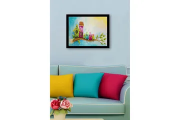 Inramad Canvastavla i trä - 41x56 cm - Färgglada fåglar på en gren med fågelholkar i bakgrunden - Grön / Rosa / Blå - Inredning - Tavlor & posters - Canvastavla