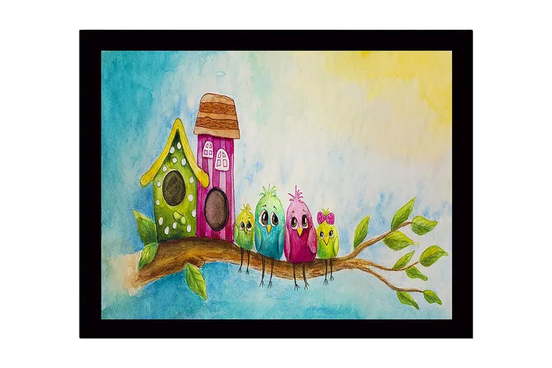 Inramad Canvastavla i trä - 41x56 cm - Färgglada fåglar på en gren med fågelholkar i bakgrunden, Grön / Rosa / Blå