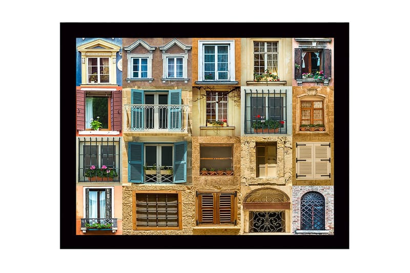 Inramad Canvastavla i trä - 41x56 cm - Färgglada fönster och balkonger i en urban miljö, Blå / Beige / Brun