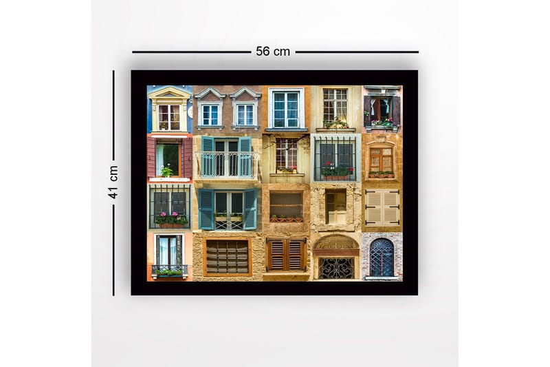 Inramad Canvastavla i trä - 41x56 cm - Färgglada fönster och balkonger i en urban miljö - Blå / Beige / Brun - Inredning - Tavlor & posters - Canvastavla