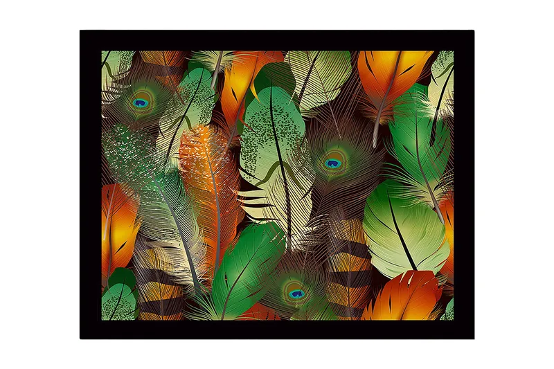 Inramad Canvastavla i trä - 41x56 cm - Färgglada fjädrar i en livlig komposition - Grön / Orange / Gul - Inredning - Tavlor & posters - Canvastavla