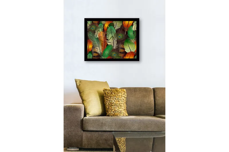 Inramad Canvastavla i trä - 41x56 cm - Färgglada fjädrar i en livlig komposition - Grön / Orange / Gul - Inredning - Tavlor & posters - Canvastavla