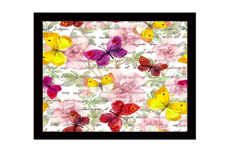 Inramad Canvastavla i trä - 41x56 cm - Färgglada fjärilar i en blomstrande komposition, Gul / Lila / Rosa