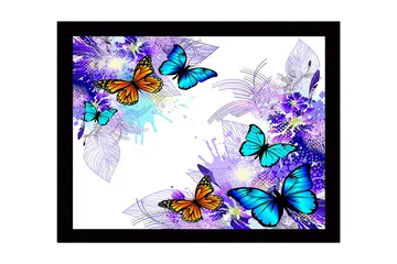 Inramad Canvastavla i trä - 41x56 cm - Färgglada fjärilar i en livlig komposition - Blå / Orange / Lila - Inredning - Tavlor & posters - Canvastavla