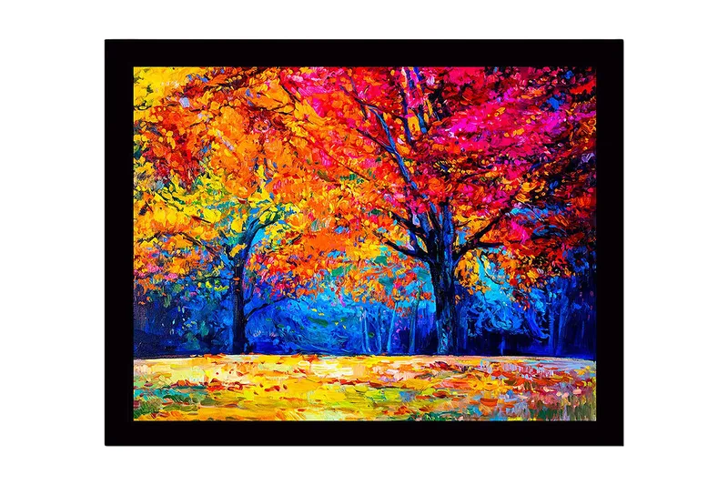 Inramad Canvastavla i trä - 41x56 cm - Färgglada höstträd med ljusa löv i orange och rosa nyanser, Orange / Rosa / Blå