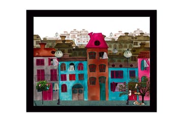 Inramad Canvastavla i trä - 41x56 cm - Färgglada hus i en stadsmiljö - Rosa / Turkos / Röd - Inredning - Tavlor & posters - Canvastavla