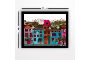 Inramad Canvastavla i trä - 41x56 cm - Färgglada hus i en stadsmiljö - Rosa / Turkos / Röd - Inredning - Tavlor & posters - Canvastavla