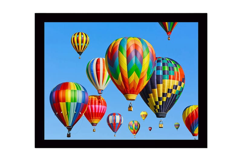 Inramad Canvastavla i trä - 41x56 cm - Färgglada luftballonger som svävar över en klarblå himmel, Röd / Grön / Gul