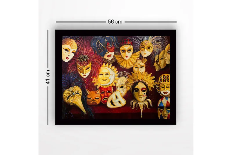 Inramad Canvastavla i trä - 41x56 cm - Färgglada masker med olika uttryck och detaljer - Guld / Röd / Svart - Inredning - Tavlor & posters - Canvastavla
