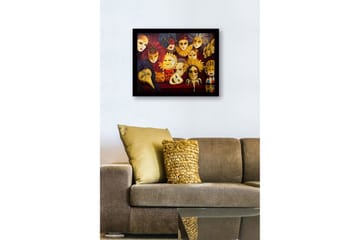 Inramad Canvastavla i trä - 41x56 cm - Färgglada masker med olika uttryck och detaljer - Guld / Röd / Svart - Inredning - Tavlor & posters - Canvastavla