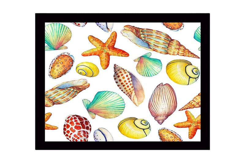Inramad Canvastavla i trä - 41x56 cm - Färgglada snäckor och sjöstjärnor i en lekfull komposition - Gul / Orange / Grön - Inredning - Tavlor & posters - Canvastavla
