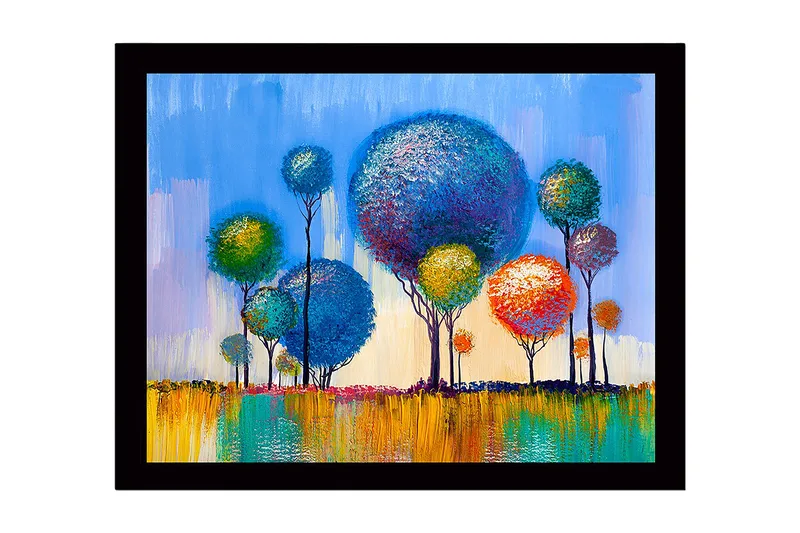 Inramad Canvastavla i trä - 41x56 cm - Färgglada träd i en livlig landskapskomposition, Blå / Grön / Orange