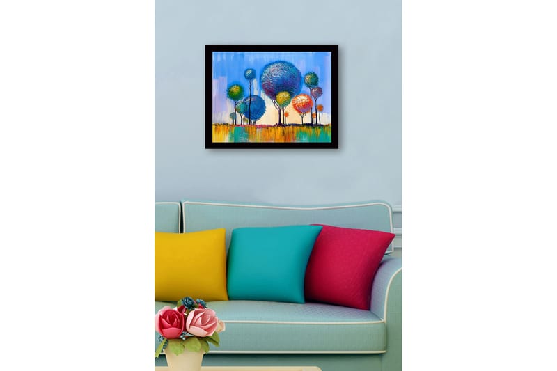 Inramad Canvastavla i trä - 41x56 cm - Färgglada träd i en livlig landskapskomposition - Blå / Grön / Orange - Inredning - Tavlor & posters - Canvastavla