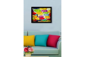 Inramad Canvastavla i trä - 41x56 cm - Färgglada paraplyer som svävar över en stadsmiljö - Gul / Grön / Röd - Inredning - Tavlor & posters - Canvastavla