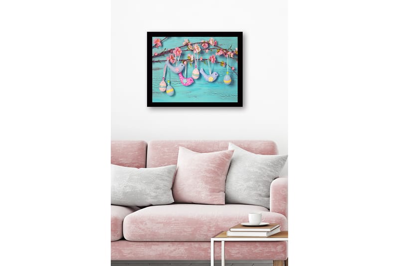 Inramad Canvastavla i trä - 41x56 cm - Färgglada påskdekorationer hängande på en gren med blommor - Ljusblå / Rosa / Gul - Inredning - Tavlor & posters - Canvastavla