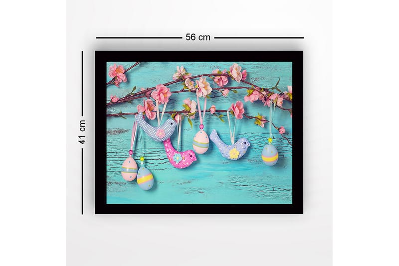 Inramad Canvastavla i trä - 41x56 cm - Färgglada påskdekorationer hängande på en gren med blommor - Ljusblå / Rosa / Gul - Inredning - Tavlor & posters - Canvastavla