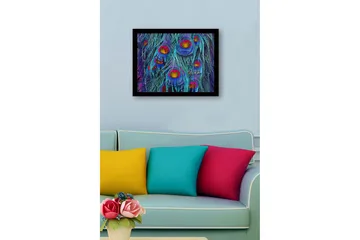 Inramad Canvastavla i trä - 41x56 cm - Färgglada påfågelsfjädrar i en abstrakt komposition - Turkos / Lila / Guld - Inredning - Tavlor & posters - Canvastavla