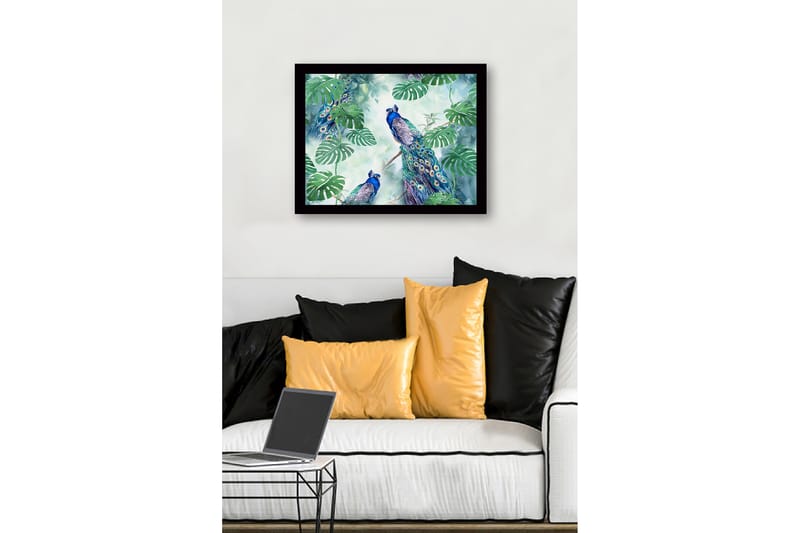Inramad Canvastavla i trä - 41x56 cm - Färgglada påfåglar omgivna av tropiska växter - Grön / Blå / Turkos - Inredning - Tavlor & posters - Canvastavla