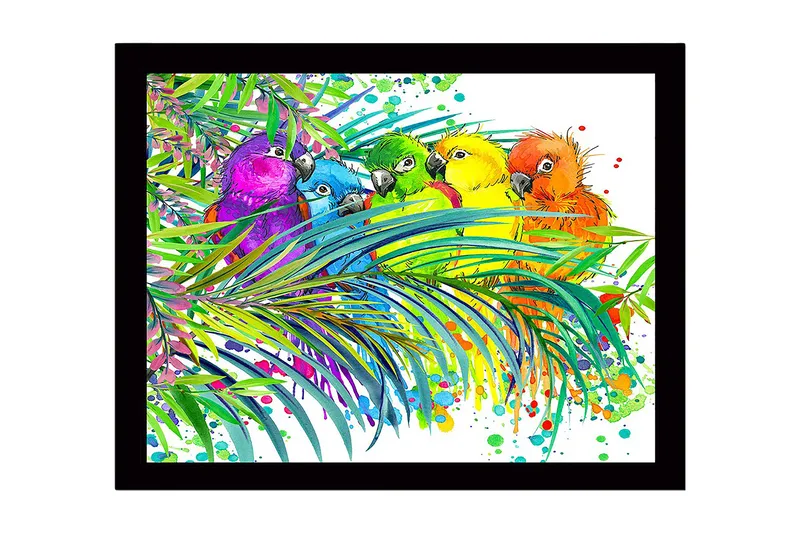Inramad Canvastavla i trä - 41x56 cm - Färgglada papegojor omgivna av tropiska växter, Grön / Blå / Gul