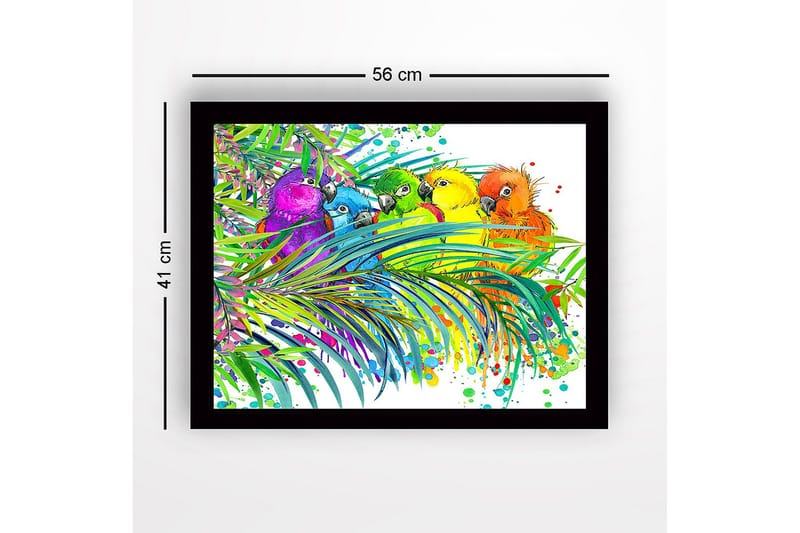 Inramad Canvastavla i trä - 41x56 cm - Färgglada papegojor omgivna av tropiska växter - Grön / Blå / Gul - Inredning - Tavlor & posters - Canvastavla
