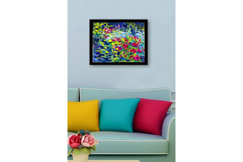 Inramad Canvastavla i trä - 41x56 cm - Färgrik blomsteräng med rosor och gröna blad - Grön / Röd / Blå - Inredning - Tavlor & posters - Canvastavla