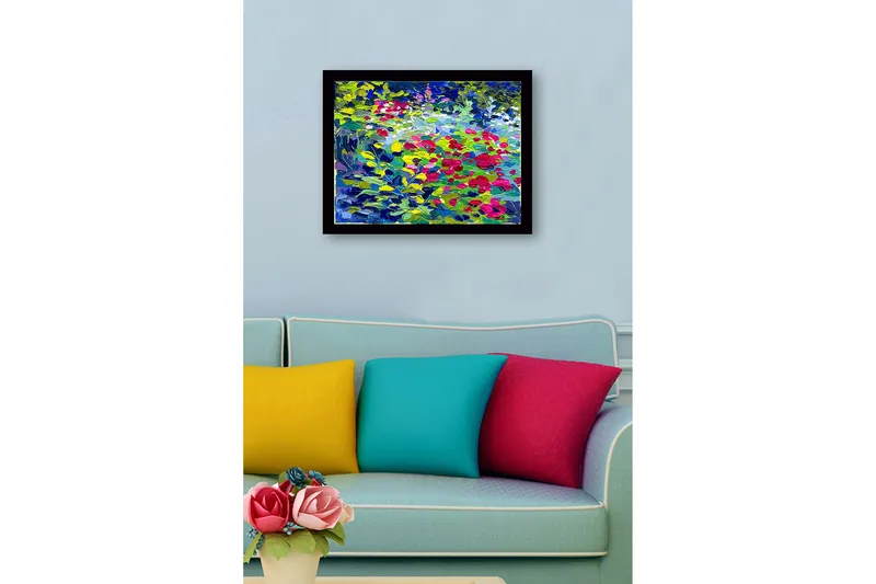 Inramad Canvastavla i trä - 41x56 cm - Färgrik blomsteräng med rosor och gröna blad - Grön / Röd / Blå - Inredning - Tavlor & posters - Canvastavla